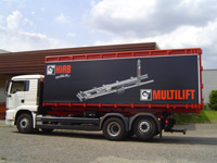 Werbeplanen f&uuml;r Container oder Kofferfahrzeuge zum schnellen Wechseln der Werbung, mit zugelassener ABE.