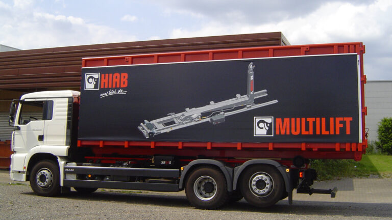 Werbeplanen für Container oder Kofferfahrzeuge zum schnellen Wechseln der Werbung, mit zugelassener ABE